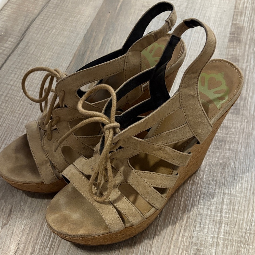 Fergalicious Tan Lace-Up Wedge Sandals